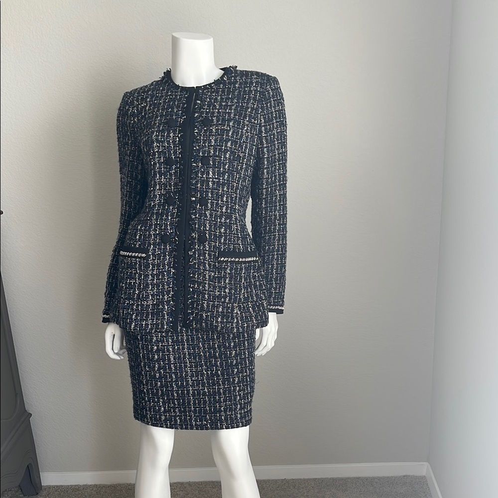 Elegant Black, Blue,  and White Tweed Women's Jacket & Skirt Set